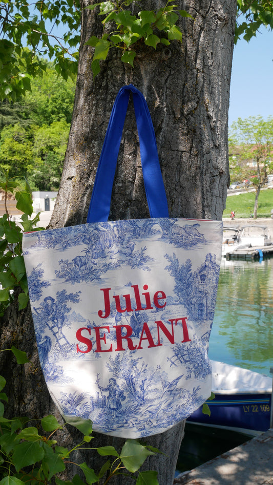 Sac tote bag cabas toile de jouy doublure orange sangles bleues - Edition limitée utilisation de tissus recyclés