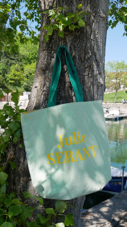 Sac tote bag cabas toile de jouy jaune vert beige - Edition limitée utilisation de tissus recyclés