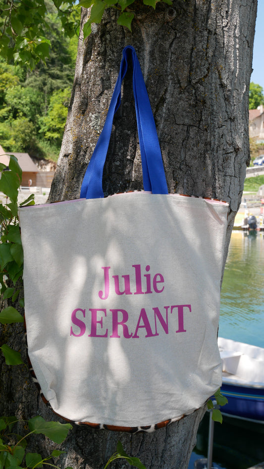 Sac tote bag cabas léopard rose beige et sangles bleues - Edition limitée utilisation de tissus recyclés