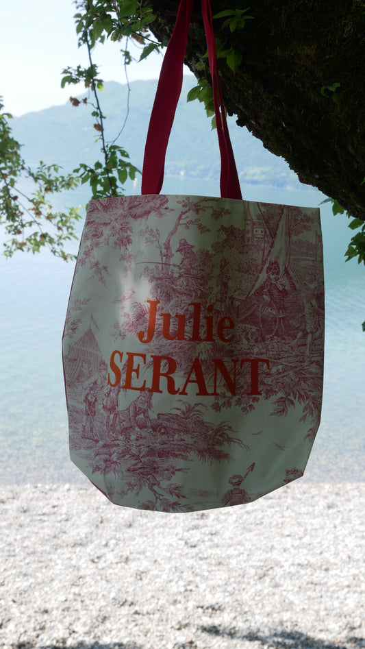 Sac tote bag toile de jouy rouge doublure rose sangles rouges - Edition limitée utilisation de tissus recyclés