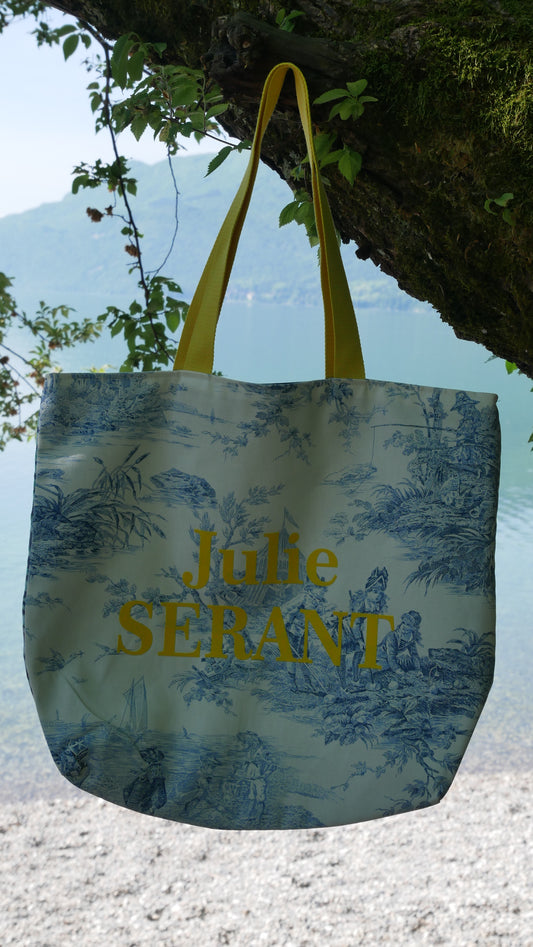 Sac tote bag cabas toile de jouy tissu turquoise et sangles jaunes - Edition limitée utilisation de tissus recyclés