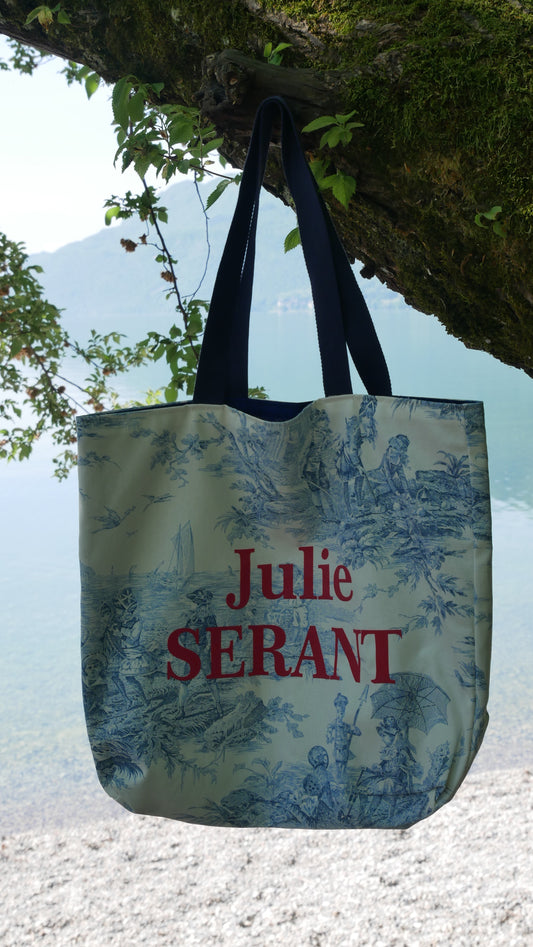 Sac tote bag cabas toile de jouy doublure bleue sangles bleues - Edition limitée utilisation de tissus recyclés